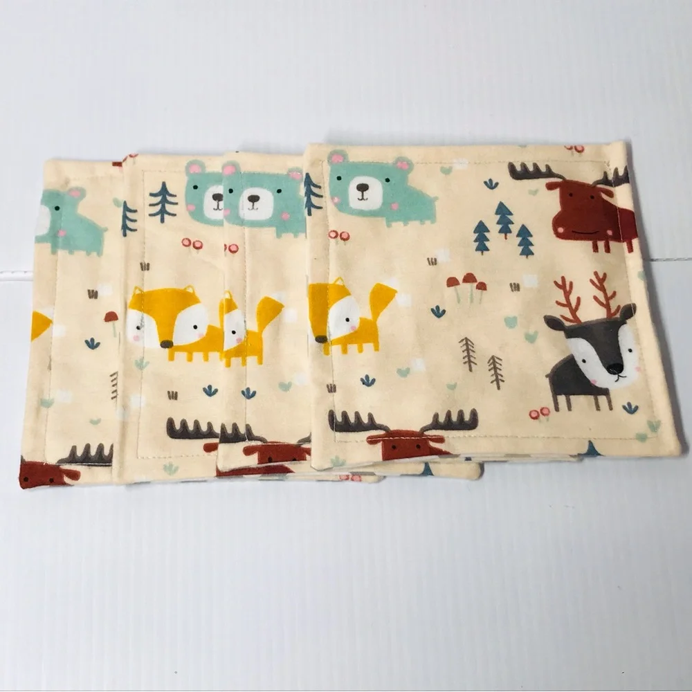 Reusable Set of Four 6” Woodland Animals Flannel Wash Cloths / Wipes / Nursery